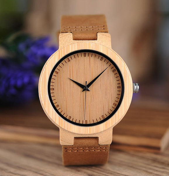 BOBO BIRD HANDMADE BAMBOO WOODEN ANTIQUE WATCH WITH LEATHER STRAP IN TAN - boopdo