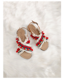 BOOPDO DESIGN CROSS OVER FLAT SANDALS WITH TASSEL AND POM POM DETAIL - boopdo