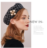 SHES CHECK WOOLEN BERET WITH PEARL BROOCH DETAIL SFH9219182 - boopdo