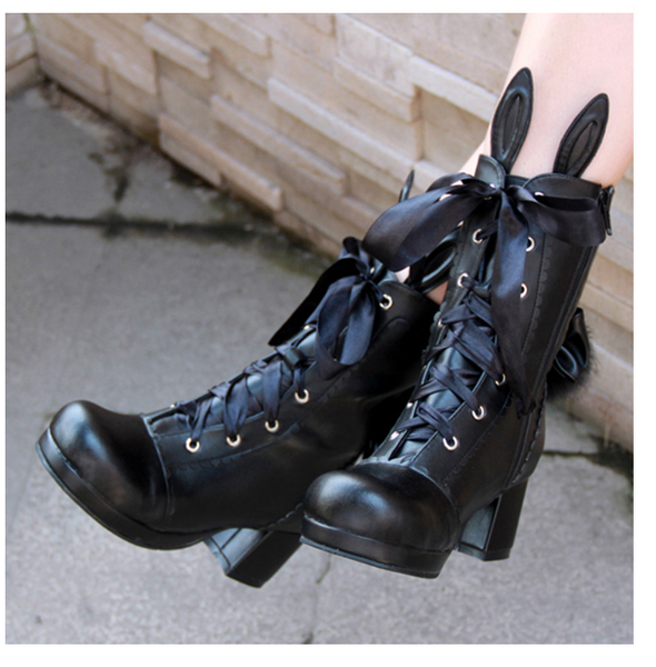 ANGELIC LOLITA COSPLAY STYLE PLATFORM ANKLE BOOTS WITH RABBIT EARS - boopdo