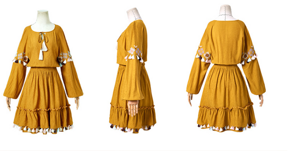 ARTKA EMBROIDERED TIE NECK YELLOW SMOCK DRESS - boopdo