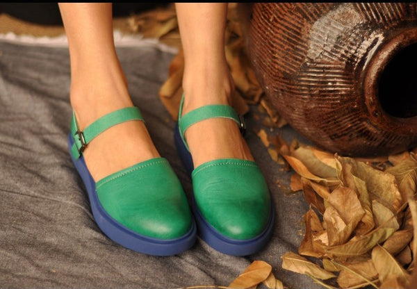 ARTMU LEATHER FLATFORM SANDALS IN GREEN AND BLUE - boopdo