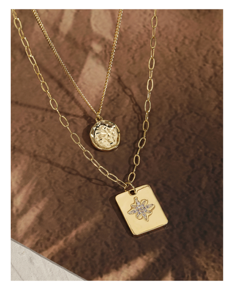 UZL DESIGN SQUARE AND COIN PENDANT MULTIROW NECKLACE IN GOLD PLATED - boopdo