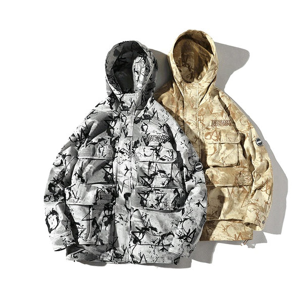 ADAM FREAK VELCRO GRAFFITI DESIGN MULTI POCKET CAMO PRINT HOODED JACKET - boopdo