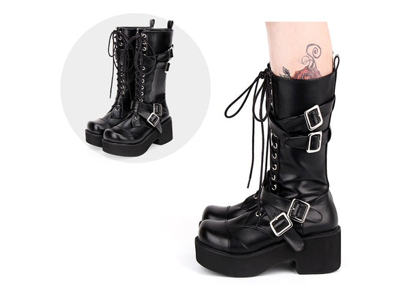 THEO JENNIE LOLITA COSBY PUNK PLATFORM BOOTS WITH STRAPS IN BLACK - boopdo