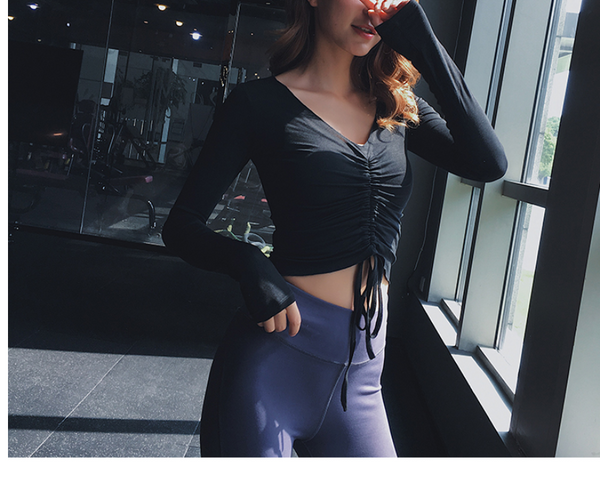 RUNKA DESIGN TIE FRONT LONG SLEEVE CROP TOP - boopdo