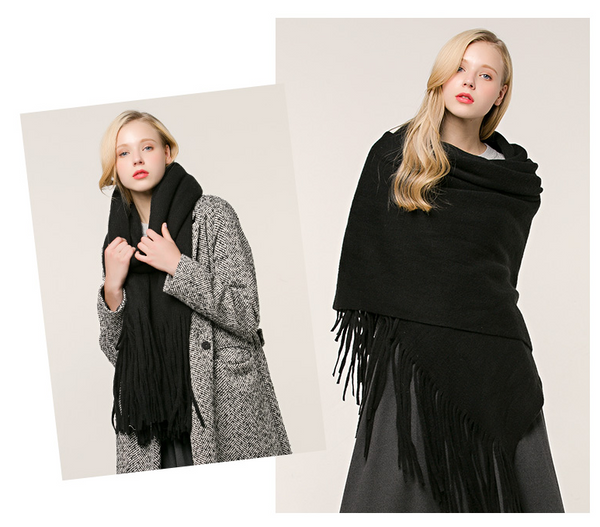 FRINGE EDGE DESIGN CASHMERE THICK KNIT SCARF SHAWL - boopdo