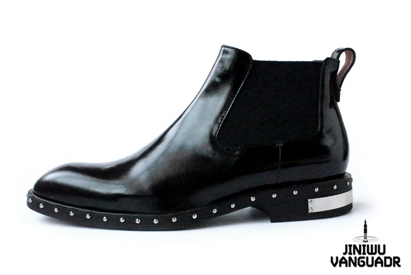 JINIWU VANGUARD ANKLE CHELSEA LEATHER BOOTS IN BLACK WITH RIVET - boopdo