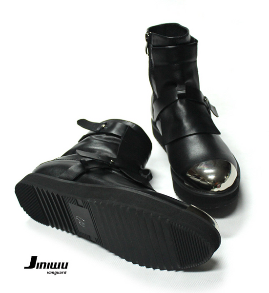 JINIWU VANGUARD HAND PAINTED IRON TOE LEATHER ANKLE BOOTS IN BLACK - boopdo