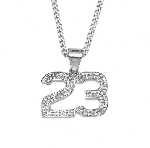 AZEEPA ZONIYA STAINLESS STEEL DIAMOND NUMBER 23 JERSEY NECKLACE IN SILVER - boopdo
