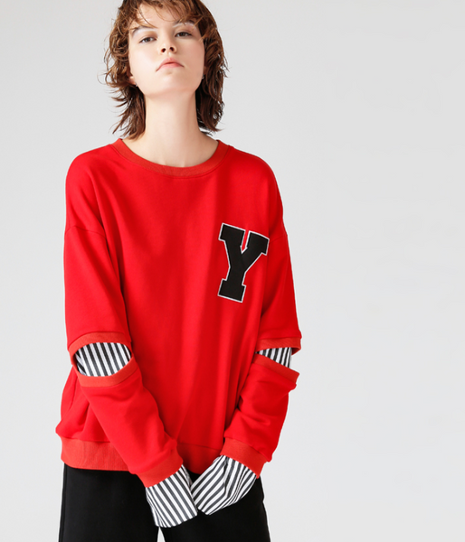 TOYOUTH TWO FER SWEATSHIRT WITH Y EMBROIDERED 8740521003 BLACK RED - boopdo