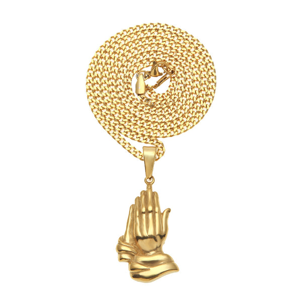DUJO PRAYING HANDS FIGURE STAINLESS STEEL NECKLACE IN GOLD - boopdo