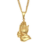 DUJO PRAYING HANDS FIGURE STAINLESS STEEL NECKLACE IN GOLD - boopdo