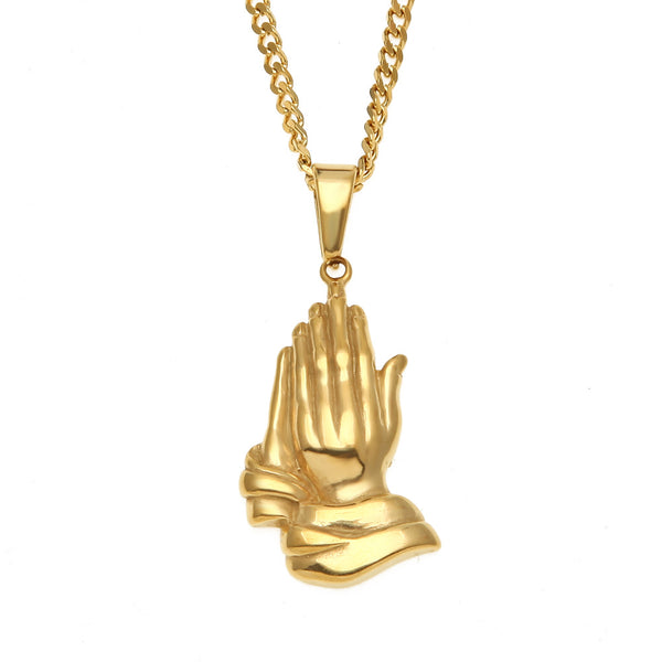 DUJO PRAYING HANDS FIGURE STAINLESS STEEL NECKLACE IN GOLD - boopdo