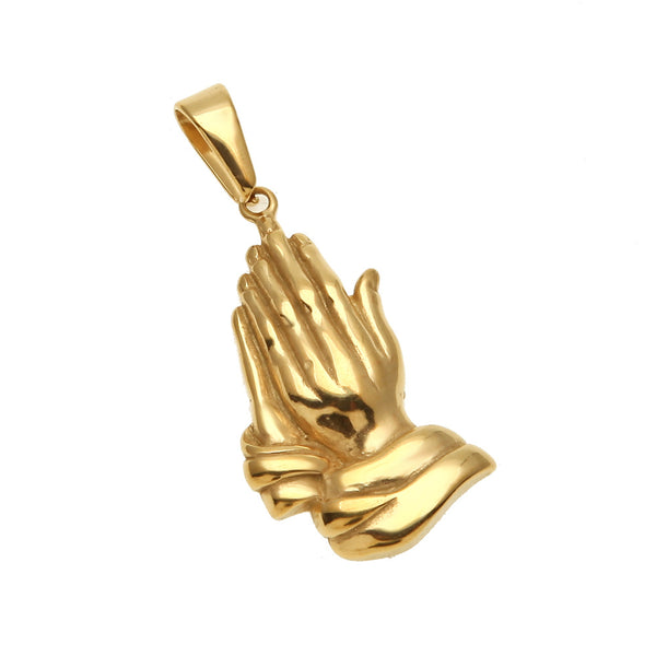 DUJO PRAYING HANDS FIGURE STAINLESS STEEL NECKLACE IN GOLD - boopdo