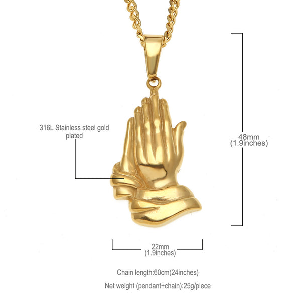 DUJO PRAYING HANDS FIGURE STAINLESS STEEL NECKLACE IN GOLD - boopdo