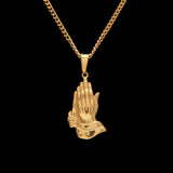DUJO PRAYING HANDS FIGURE STAINLESS STEEL NECKLACE IN GOLD - boopdo
