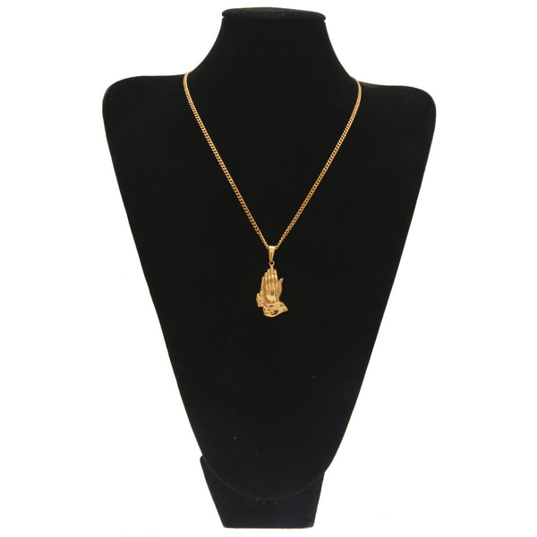 DUJO PRAYING HANDS FIGURE STAINLESS STEEL NECKLACE IN GOLD - boopdo