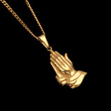 DUJO PRAYING HANDS FIGURE STAINLESS STEEL NECKLACE IN GOLD - boopdo