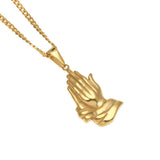 DUJO PRAYING HANDS FIGURE STAINLESS STEEL NECKLACE IN GOLD - boopdo