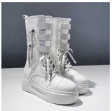 LOU NAVA ROMAN HIGH TOP MESH ANKLE SANDAL BOOTIES IN WHITE - boopdo