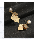 UZL DESIGN EARRINGS WITH PEARL STUD AND METAL DROP IN GOLD PLATE - boopdo