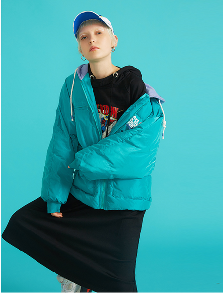 TOYOUTH COLOR HOODED PUFFER JACKET IN LETTERS   PRINT FRONT 8830842000a BLACK BLUE TURQUOISE - boopdo