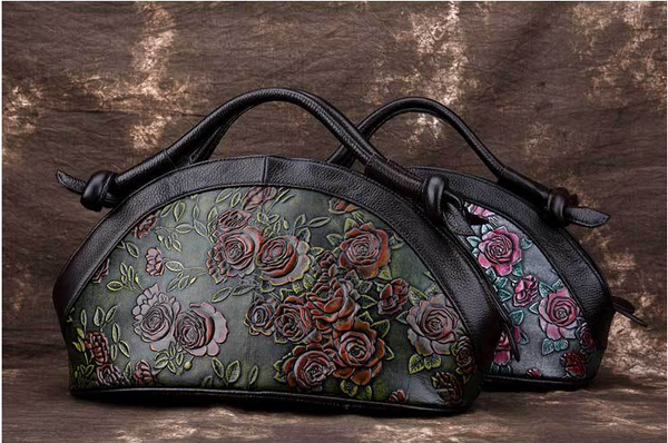 ENVIYO BOOPDO RETRO DESIGN HAND BRUSHED ROSE EMBOSSED LEATHER SLUNG HANDBAGS - boopdo