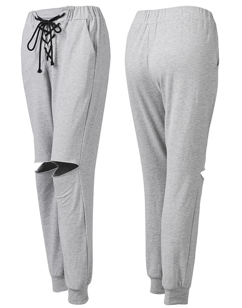 MIP RIPPED AND LACE UP TRACK PANTS IN GREY - boopdo