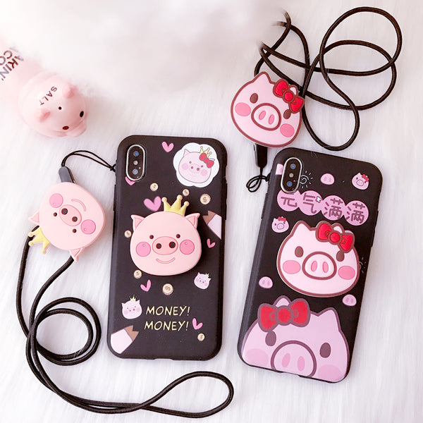 BABY PINKISH PIG CROWN APPLE IPHONE COVERS WITH CORD - boopdo