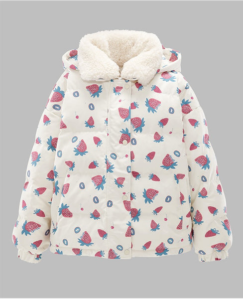PEACE BIRD STRAWBERRY PRINT PUFFER JACKET WITH BORG LINED DESIGN - boopdo