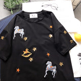 BOOPDO DESIGN SEQUIN STAR AND HORSE EMBROIDERY LONGLINE T SHIRT - boopdo