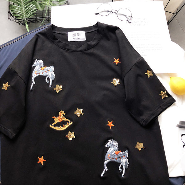 BOOPDO DESIGN SEQUIN STAR AND HORSE EMBROIDERY LONGLINE T SHIRT - boopdo