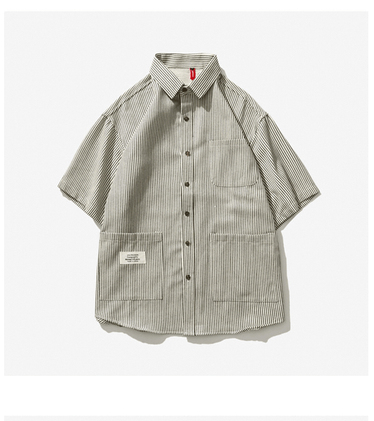 DESIGN BY NIZHES IRSTORY MULTI POCKET STRIPED SHORT SLEEVE SHIRT - boopdo