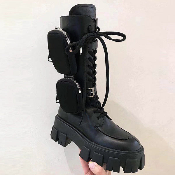 JESSY MARIA BRITISH STYLE CHUNKY PLATFORM LEATHER BOOTS WITH STRAP POCKET IN BLACK - boopdo