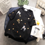 BOOPDO DESIGN SEQUIN STAR AND HORSE EMBROIDERY LONGLINE T SHIRT - boopdo