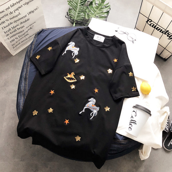 BOOPDO DESIGN SEQUIN STAR AND HORSE EMBROIDERY LONGLINE T SHIRT - boopdo