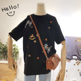 BOOPDO DESIGN SEQUIN STAR AND HORSE EMBROIDERY LONGLINE T SHIRT - boopdo