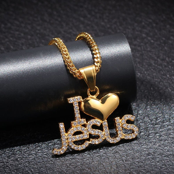 I LOVE JESUS BROOZIE RHINESTONE JEWELRY NECKLACE IN GOLD - boopdo