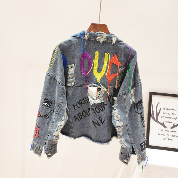 ALEYA NOIR GRAFFITI ARTWORK DENIM JEAN JACKET WITH RIVETS - boopdo