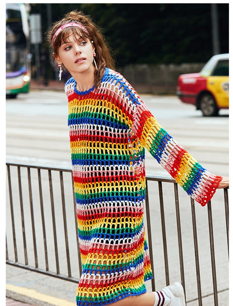 MAXMARTIN RAINBOW STRIPE KNITTED JUMPER DRESS - boopdo