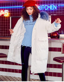 MAXMARTIN LONGLINE WHITE PADDED COAT WITH BLUE FAUX FUR HOOD - boopdo