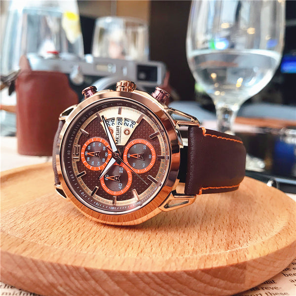 MEGIA CHRONOGRAPH LEATHER BELT CASUAL BUSINESS WATCH - boopdo