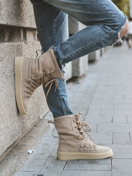 TYT TRENDY SUEDE LACE UP BOOTS WITH CHUNKY CREAM SOLE - boopdo