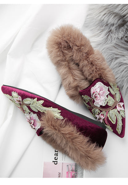 BOOPDO DESIGN FAUX FUR LINING LOAFER IN FLORAL EMBROIDERED - boopdo