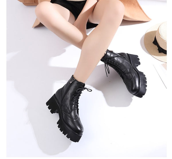 SVB FASHION CHUNKY LACE UP ANKLE BOOTS IN BLACK - boopdo