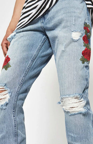JOHN OLASSON XEXI ROSE EMBROIDERED WASHED DENIM JEAN PANTS IN ICE BLUE - boopdo