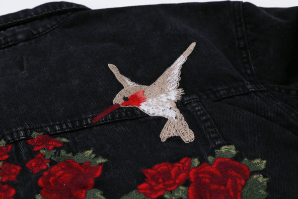 URBANWEAX PHOENIX BIRD AND FLOWER EMBROIDERED DENIM JACKET IN BLACK - boopdo