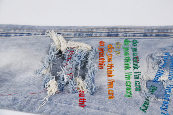 BOOPDO DO YOU THINK I AM CRAZY RAINBOW EMBROIDERED JEAN IN BLUE - boopdo