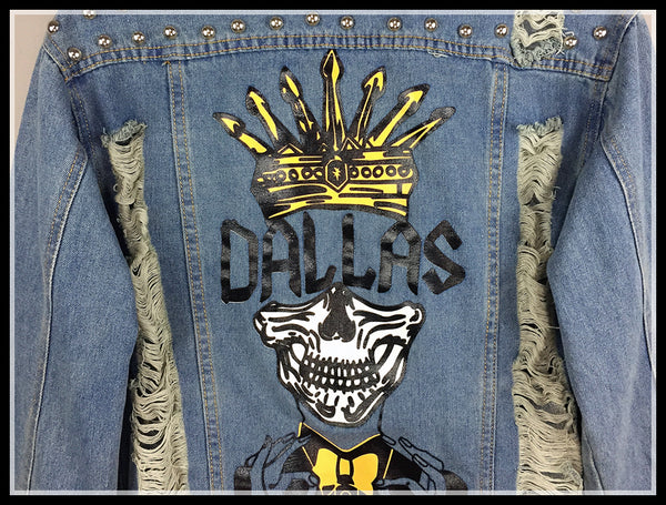 DALLAS ICON CROWN SKULL RIPPED DENIM JEAN JACKET WITH RIVET - boopdo